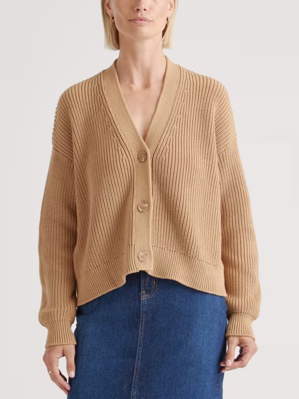100% Organic Cotton Fisherman Boxy Cropped Cardigan in Camel